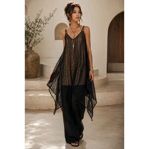 Bronte NWT Black Embroidered Mesh Handkerchief Hem Tunic Dress Boho S